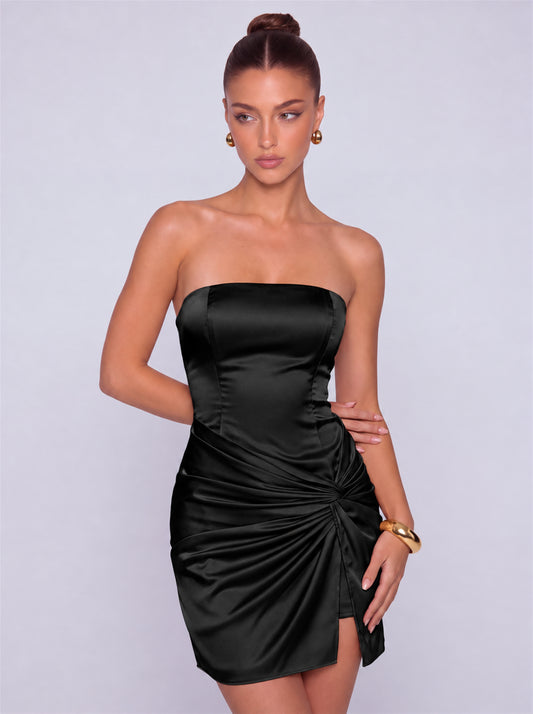 Strapless Satin Lace-Up Back Twist-Front Mini Dress – Party & Cocktail Dress - Black - View 2
