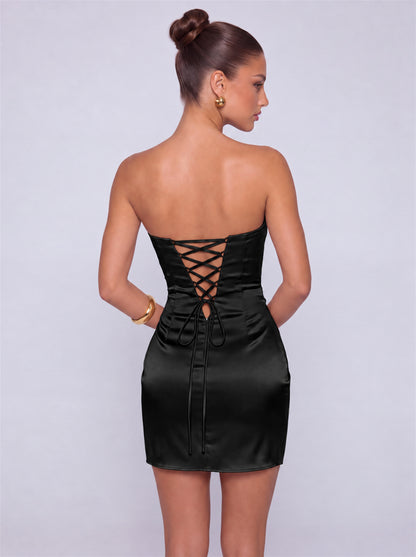 Strapless Satin Lace-Up Back Twist-Front Mini Dress – Party & Cocktail Dress - Black - View 3