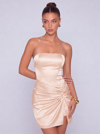 Strapless Satin Lace-Up Back Twist-Front Mini Dress – Party & Cocktail Dress - Blush Pink - View 2