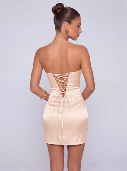 Strapless Satin Lace-Up Back Twist-Front Mini Dress – Party & Cocktail Dress - Blush Pink - View 3