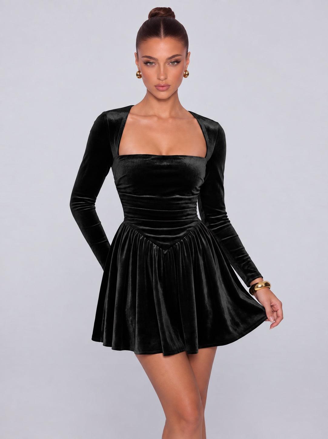 Long-Sleeve Velvet Square Sweetheart Neckline Flared Skater Mini Dress – Party & Cocktail Dress - Black - View 1