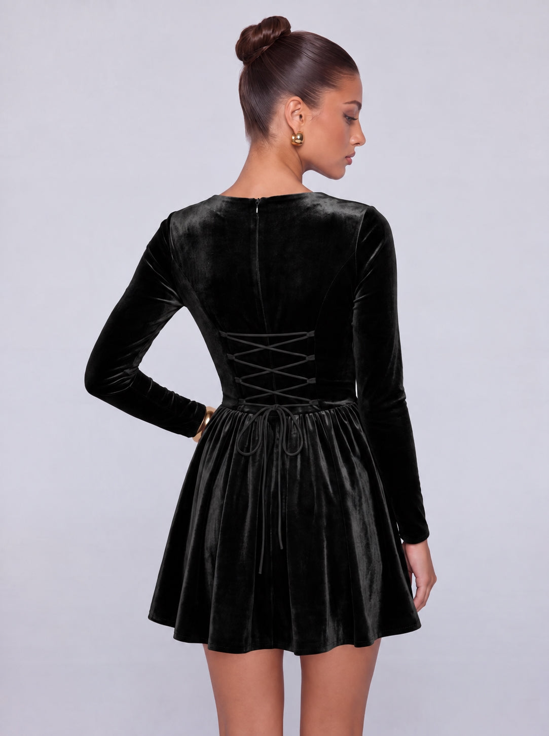 Long-Sleeve Velvet Square Sweetheart Neckline Flared Skater Mini Dress – Party & Cocktail Dress - Black - View 2