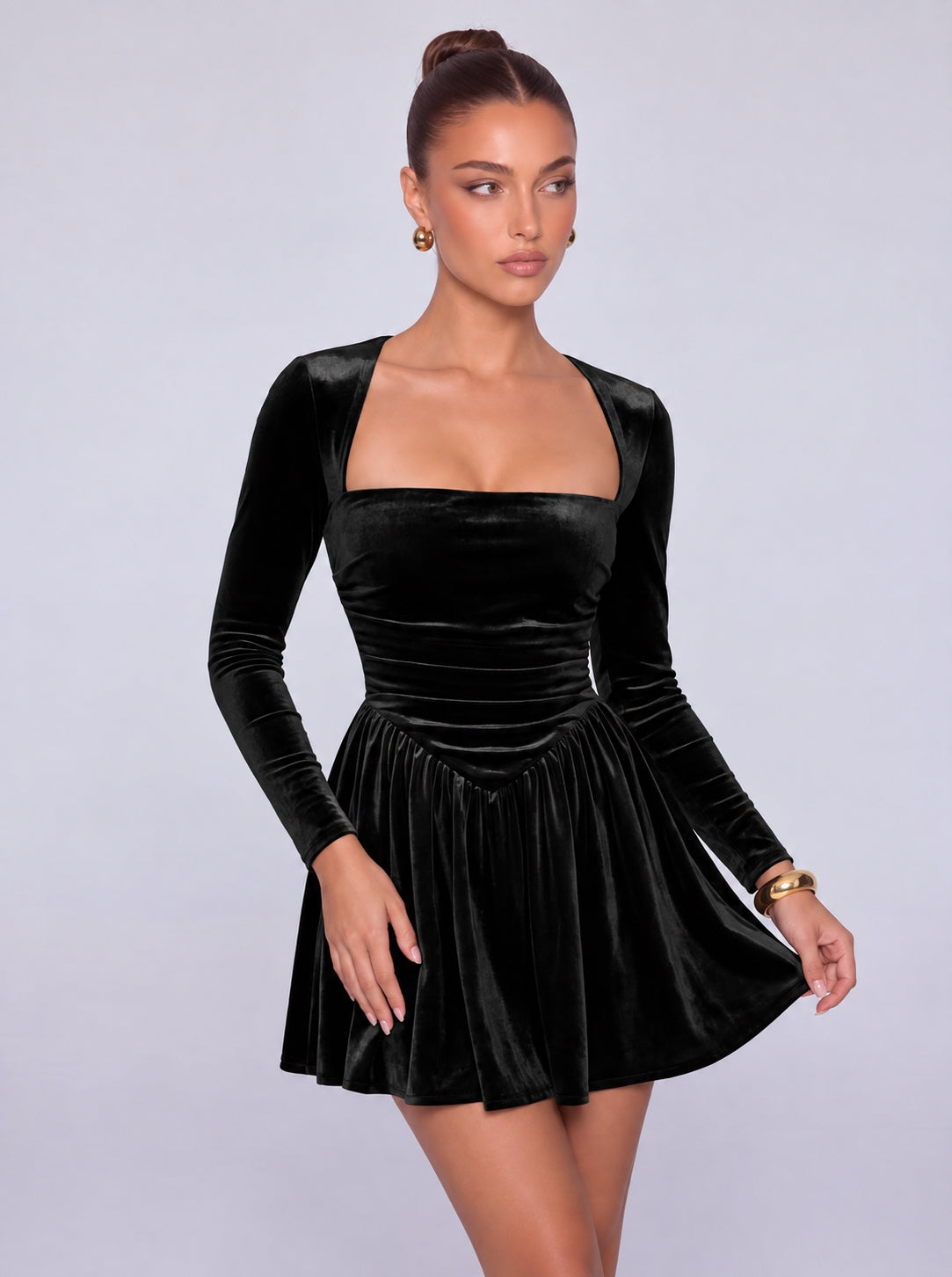 Long-Sleeve Velvet Square Sweetheart Neckline Flared Skater Mini Dress – Party & Cocktail Dress - Black - View 3