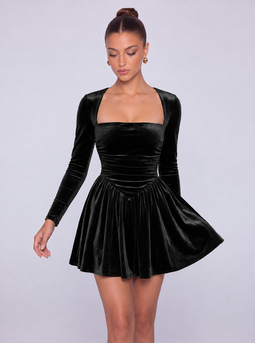 Long-Sleeve Velvet Square Sweetheart Neckline Flared Skater Mini Dress – Party & Cocktail Dress - Black - View 4