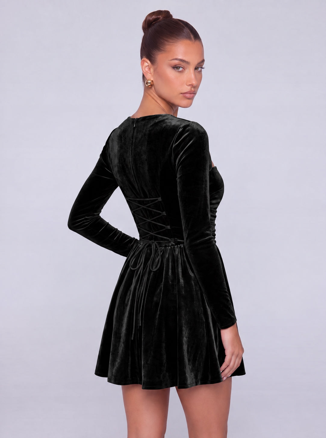 Long-Sleeve Velvet Square Sweetheart Neckline Flared Skater Mini Dress – Party & Cocktail Dress - Black - View 7