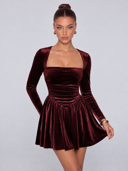 Long-Sleeve Velvet Square Sweetheart Neckline Flared Skater Mini Dress – Party & Cocktail Dress - Burgundy - View 1