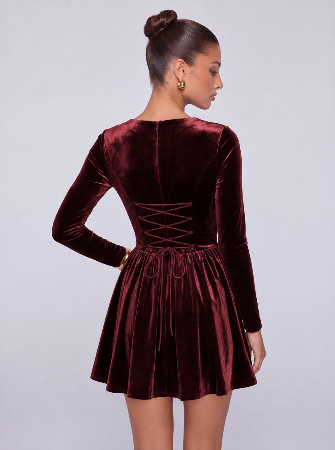 Long-Sleeve Velvet Square Sweetheart Neckline Flared Skater Mini Dress – Party & Cocktail Dress - Burgundy - View 2