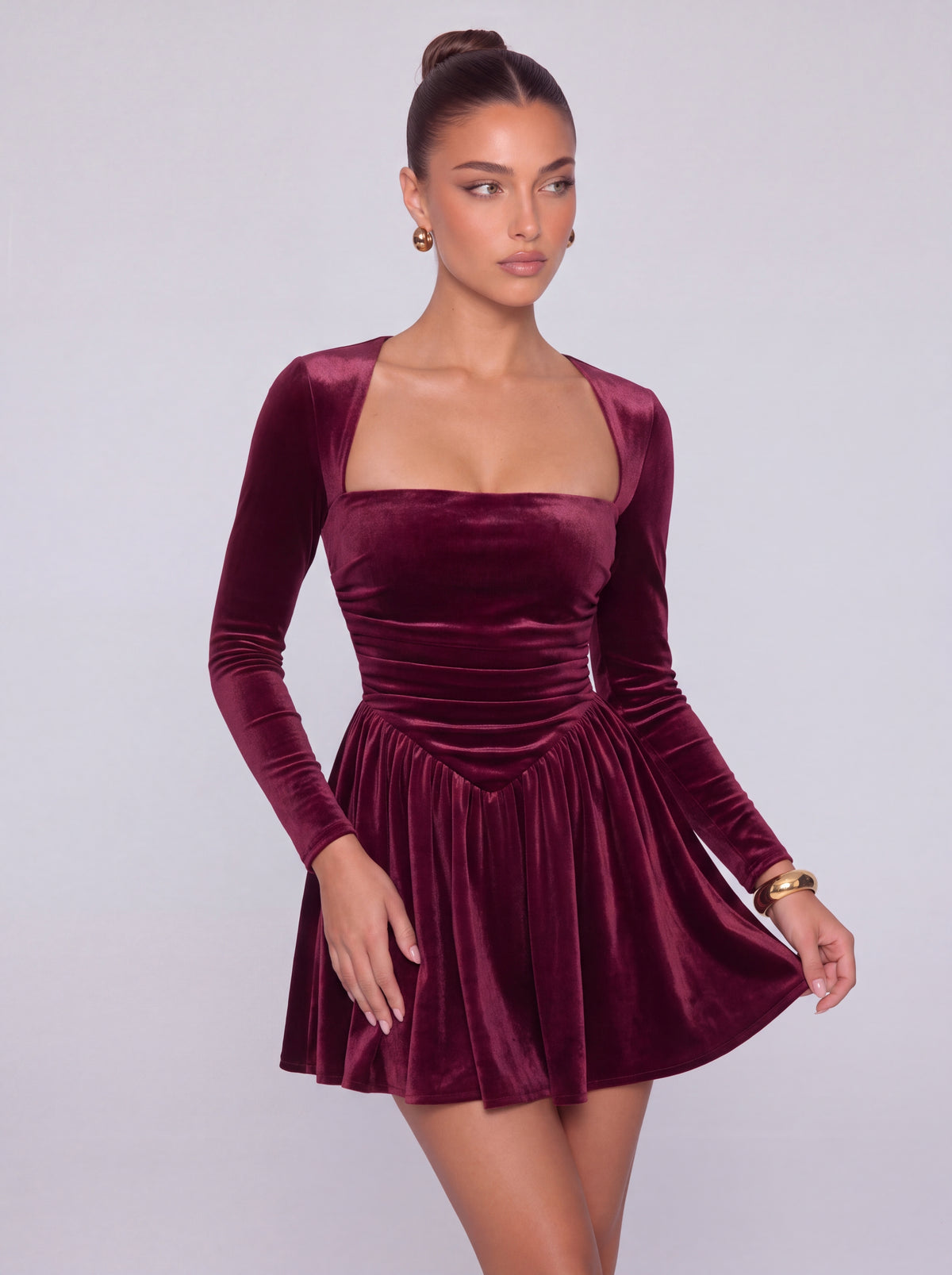 Long-Sleeve Velvet Square Sweetheart Neckline Flared Skater Mini Dress – Party & Cocktail Dress - Burgundy - View 3
