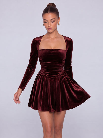 Long-Sleeve Velvet Square Sweetheart Neckline Flared Skater Mini Dress – Party & Cocktail Dress - Burgundy - View 4