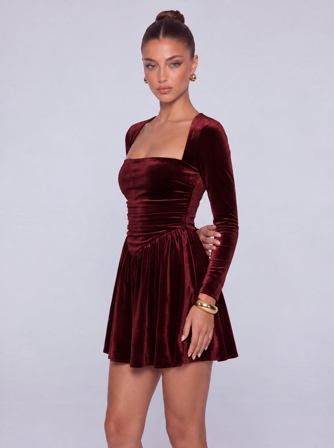 Long-Sleeve Velvet Square Sweetheart Neckline Flared Skater Mini Dress – Party & Cocktail Dress - Burgundy - View 5