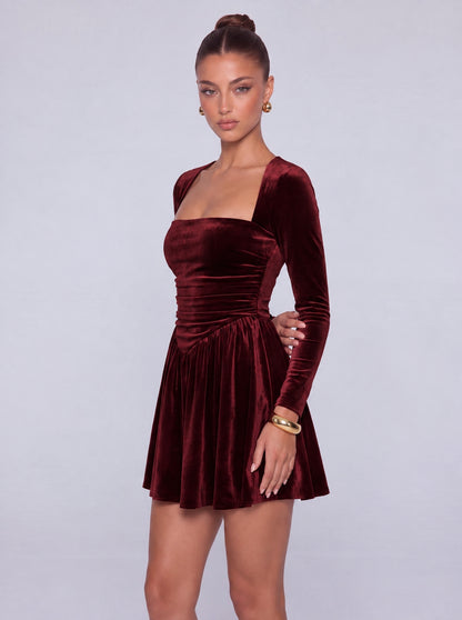 Long-Sleeve Velvet Square Sweetheart Neckline Flared Skater Mini Dress – Party & Cocktail Dress - Burgundy - View 5