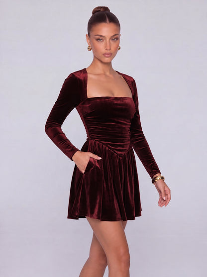 Long-Sleeve Velvet Square Sweetheart Neckline Flared Skater Mini Dress – Party & Cocktail Dress - Burgundy - View 6