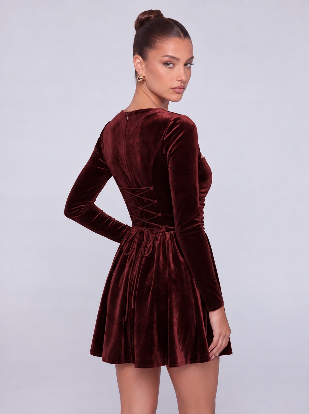 Long-Sleeve Velvet Square Sweetheart Neckline Flared Skater Mini Dress – Party & Cocktail Dress - Burgundy - View 7