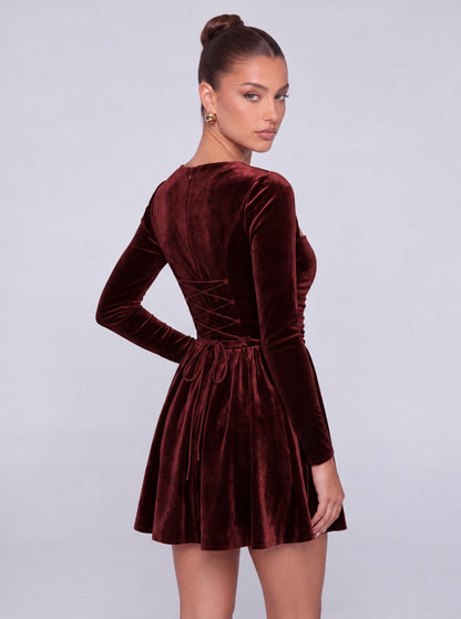 Long-Sleeve Velvet Square Sweetheart Neckline Flared Skater Mini Dress – Party & Cocktail Dress - Burgundy - View 7