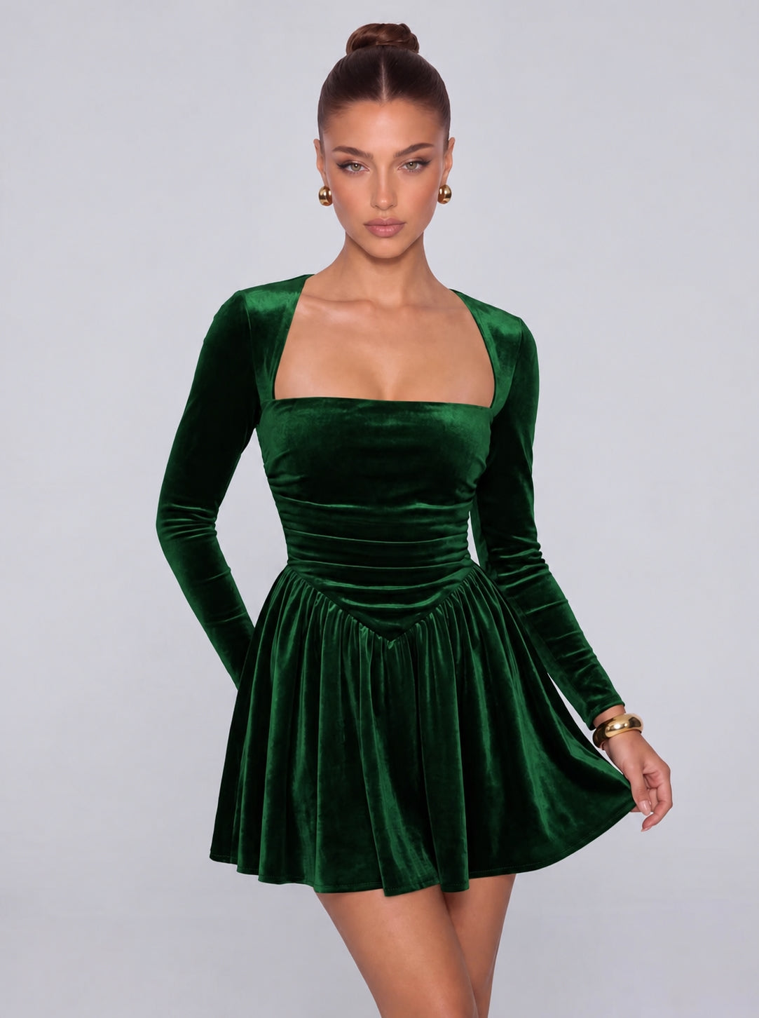 Long-Sleeve Velvet Square Sweetheart Neckline Flared Skater Mini Dress – Party & Cocktail Dress - Emerald Green - View 1