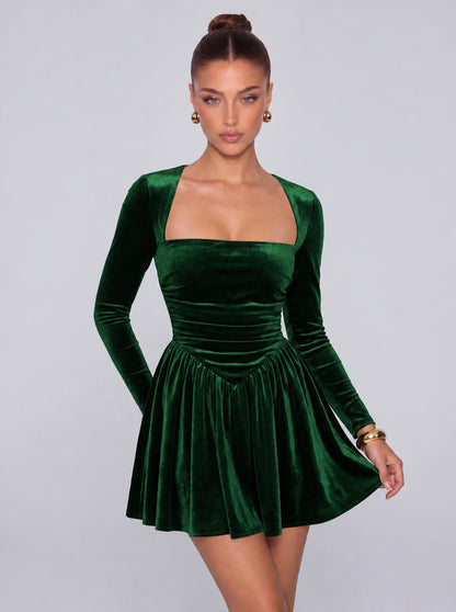 Long-Sleeve Velvet Square Sweetheart Neckline Flared Skater Mini Dress – Party & Cocktail Dress - Emerald Green - View 1