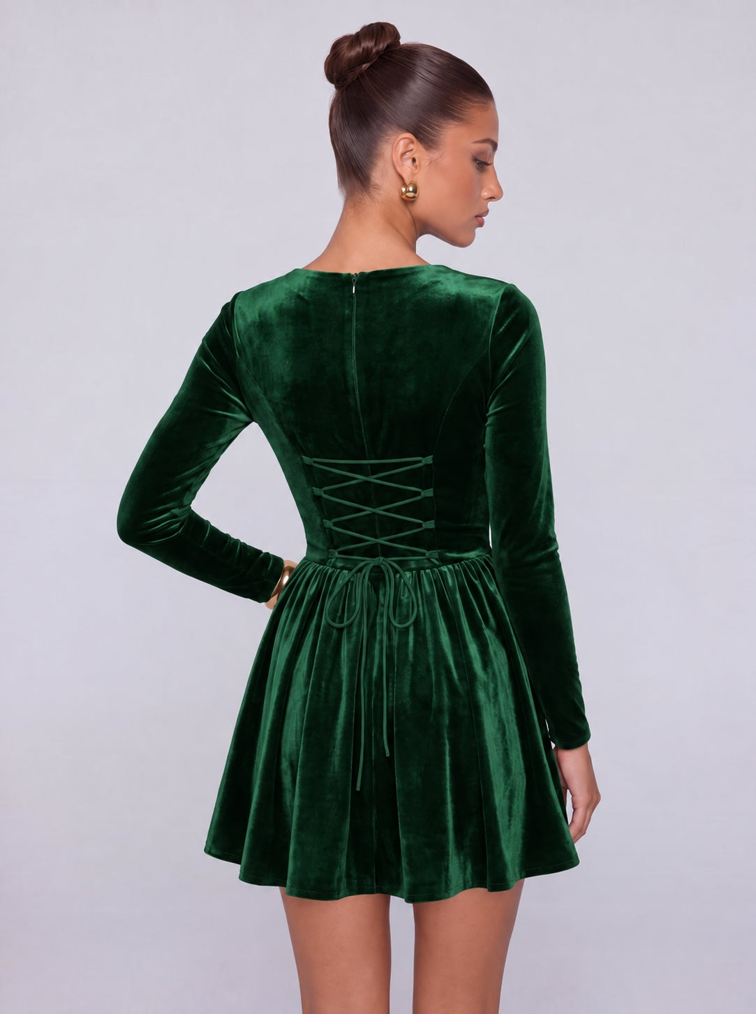 Long-Sleeve Velvet Square Sweetheart Neckline Flared Skater Mini Dress – Party & Cocktail Dress - Emerald Green - View 2