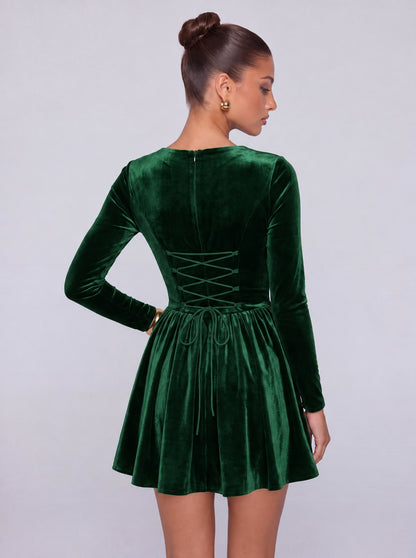 Long-Sleeve Velvet Square Sweetheart Neckline Flared Skater Mini Dress – Party & Cocktail Dress - Emerald Green - View 2