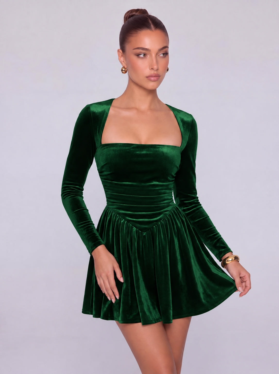 Long-Sleeve Velvet Square Sweetheart Neckline Flared Skater Mini Dress – Party & Cocktail Dress - Emerald Green - View 3