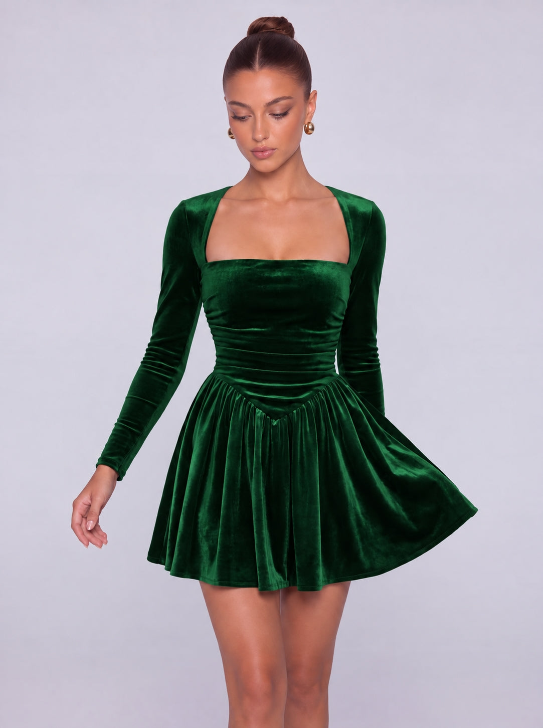 Long-Sleeve Velvet Square Sweetheart Neckline Flared Skater Mini Dress – Party & Cocktail Dress - Emerald Green - View 4