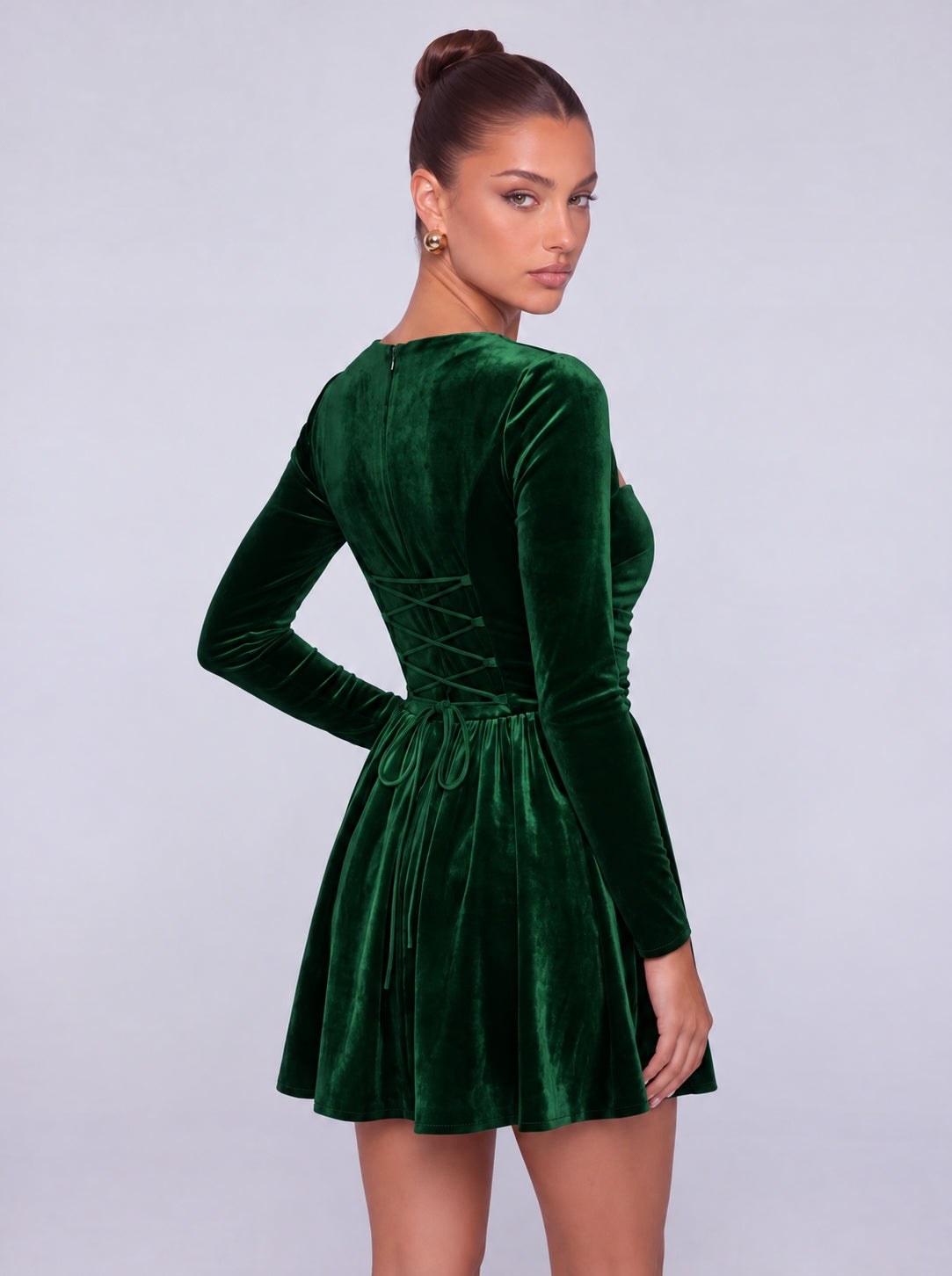 Long-Sleeve Velvet Square Sweetheart Neckline Flared Skater Mini Dress – Party & Cocktail Dress - Emerald Green - View 7