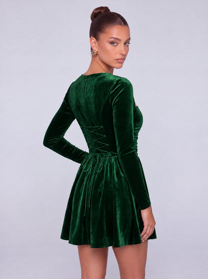 Long-Sleeve Velvet Square Sweetheart Neckline Flared Skater Mini Dress – Party & Cocktail Dress - Emerald Green - View 7