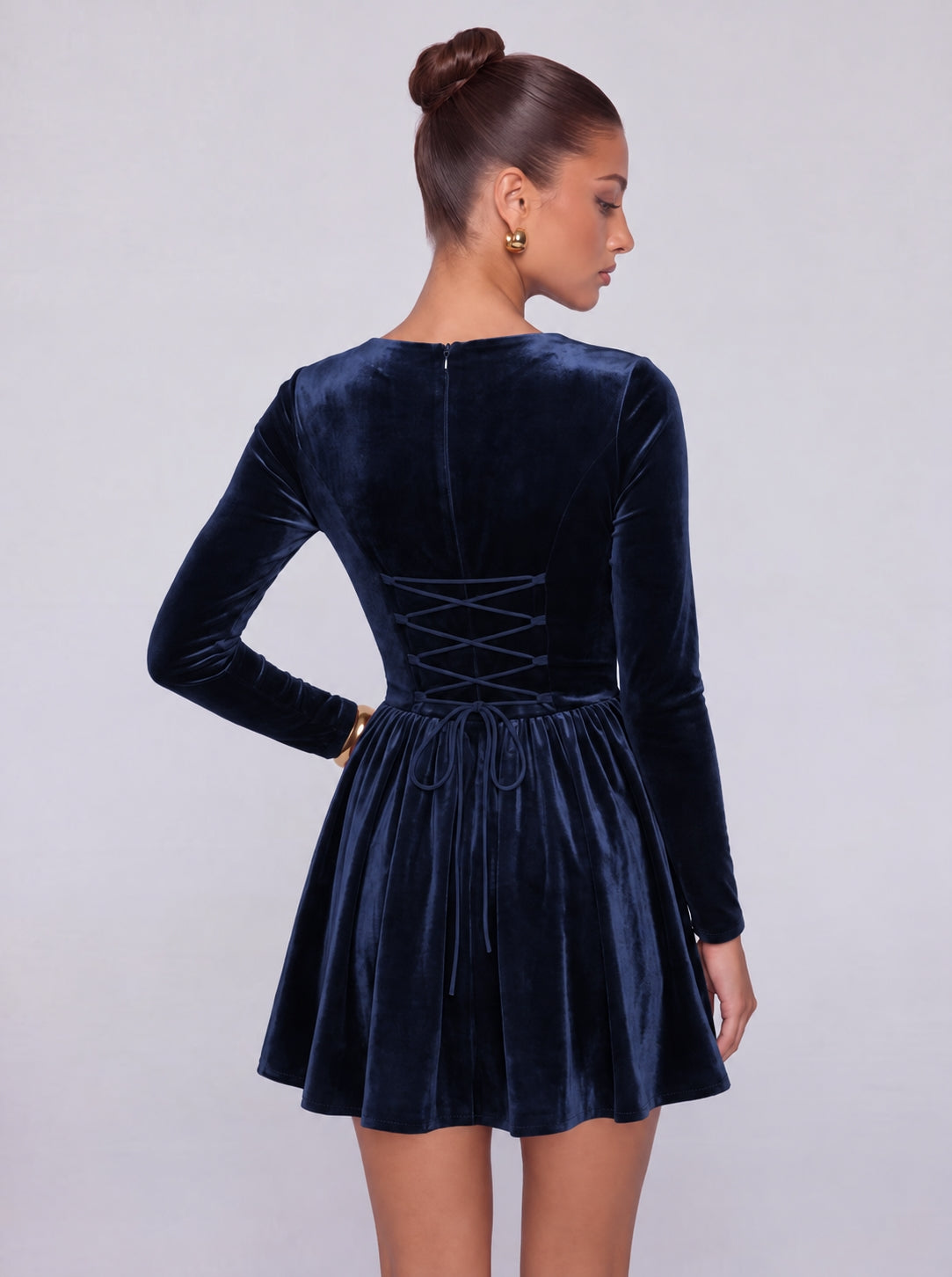 Long-Sleeve Velvet Square Sweetheart Neckline Flared Skater Mini Dress – Party & Cocktail Dress - Navy Blue - View 2
