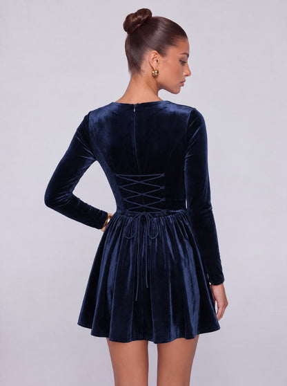 Long-Sleeve Velvet Square Sweetheart Neckline Flared Skater Mini Dress – Party & Cocktail Dress - Navy Blue - View 2