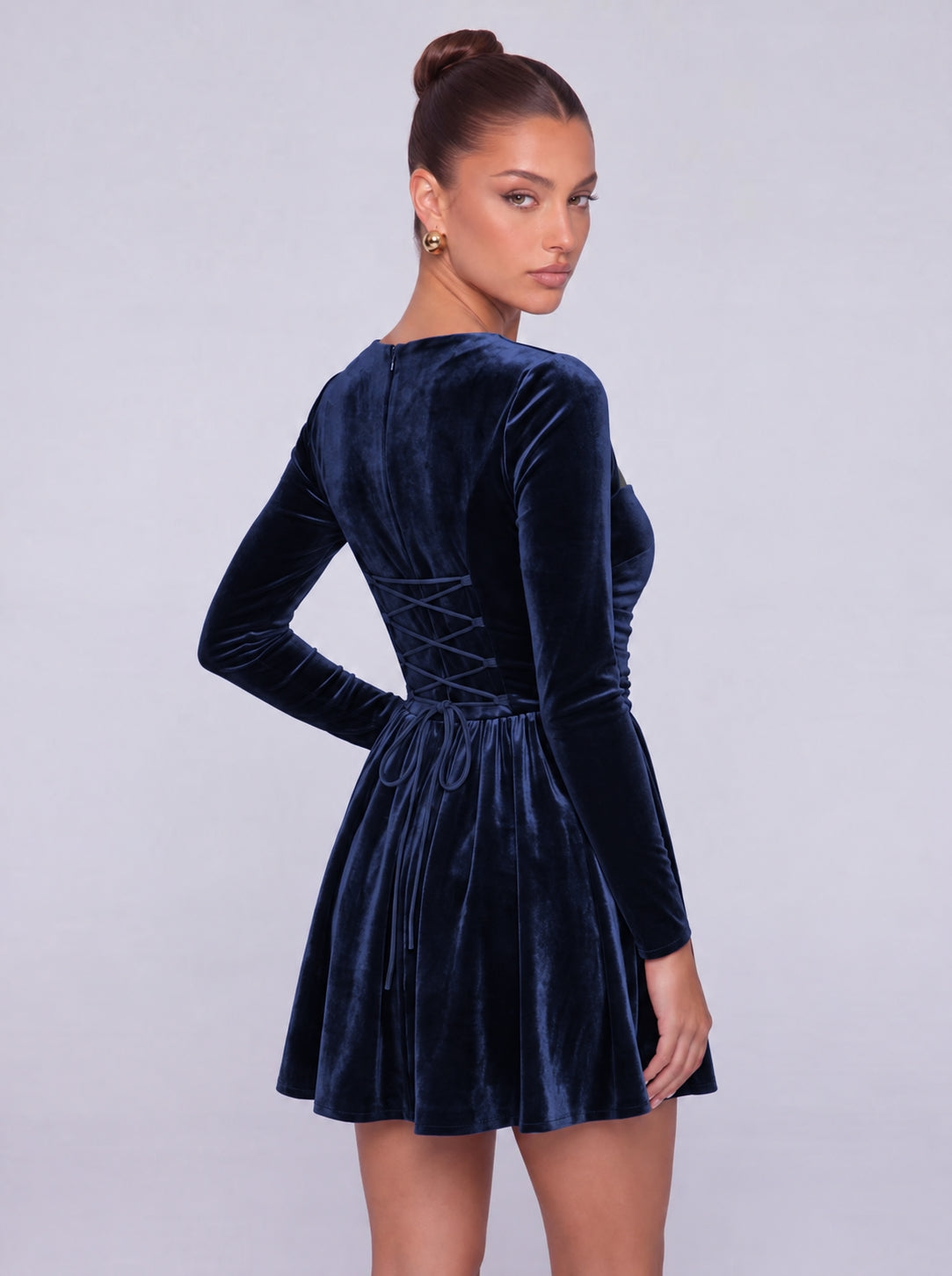 Long-Sleeve Velvet Square Sweetheart Neckline Flared Skater Mini Dress – Party & Cocktail Dress - Navy Blue - View 7