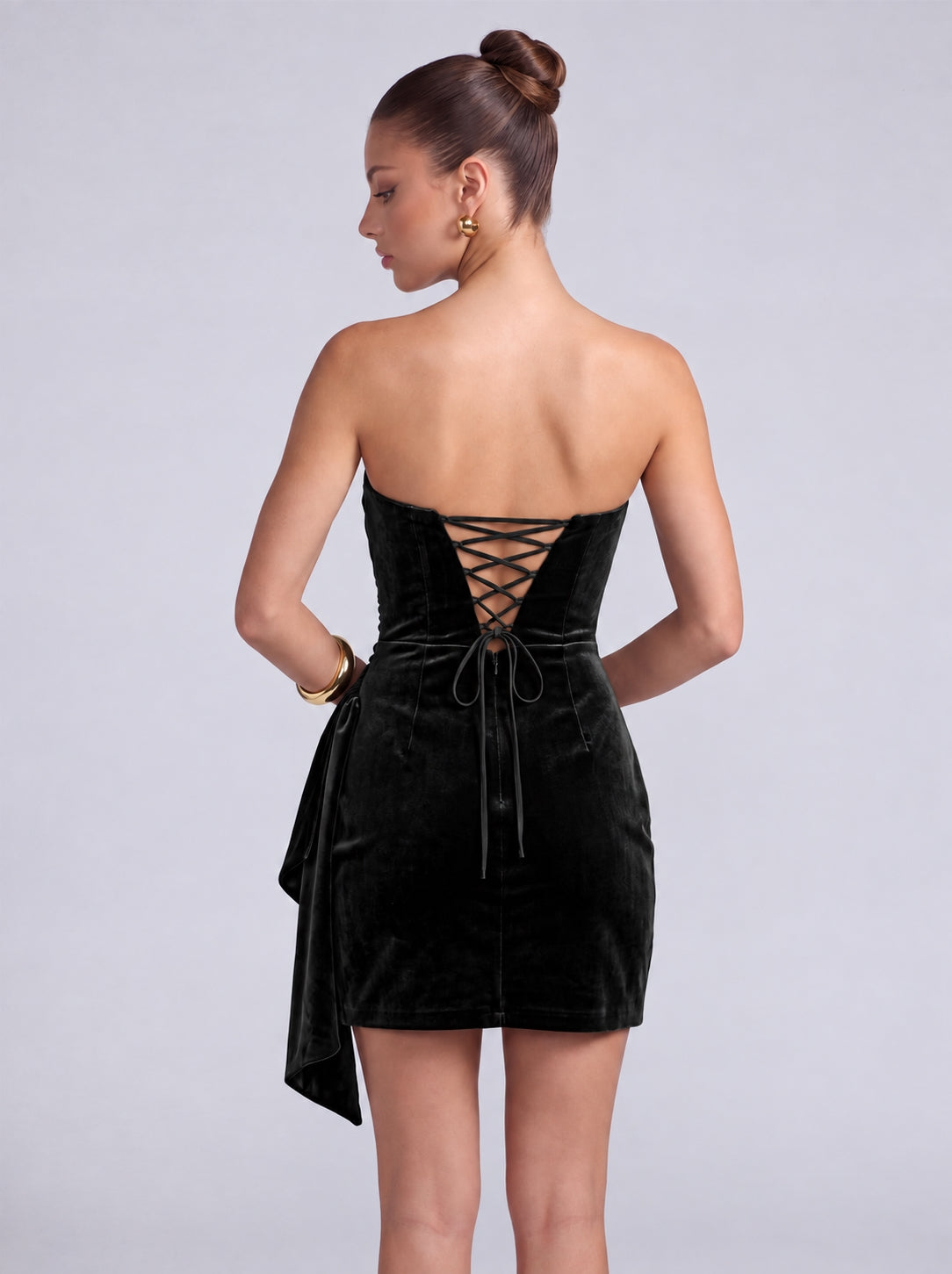Strapless Velvet Ruched Wrap-Front Cascading Drape Mini Dress – Party & Cocktail Dress - Black - View 2