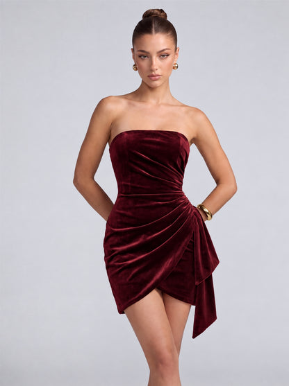 Strapless Velvet Ruched Wrap-Front Cascading Drape Mini Dress – Party & Cocktail Dress - Burgundy - View 1