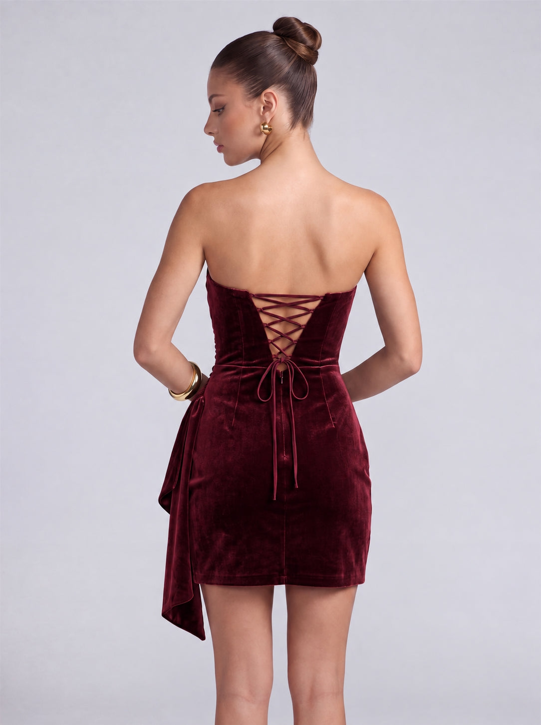 Strapless Velvet Ruched Wrap-Front Cascading Drape Mini Dress – Party & Cocktail Dress - Burgundy - View 2