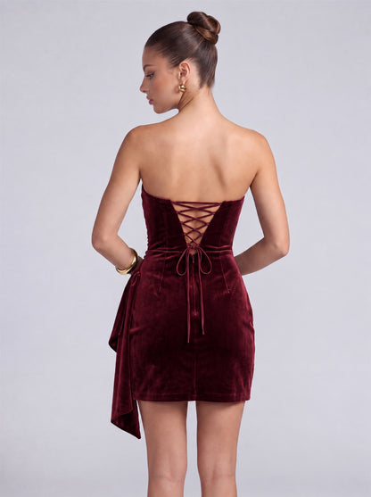 Strapless Velvet Ruched Wrap-Front Cascading Drape Mini Dress – Party & Cocktail Dress - Burgundy - View 2