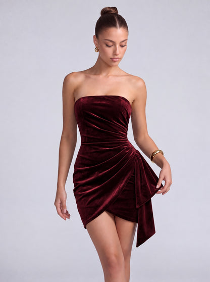 Strapless Velvet Ruched Wrap-Front Cascading Drape Mini Dress – Party & Cocktail Dress - Burgundy - View 3