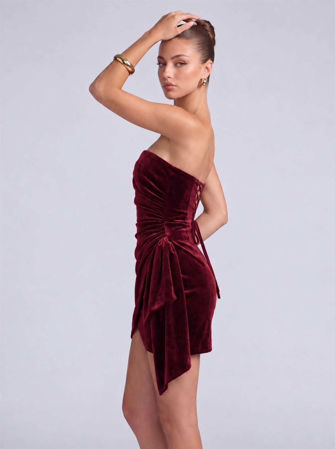 Strapless Velvet Ruched Wrap-Front Cascading Drape Mini Dress – Party & Cocktail Dress - Burgundy - View 5