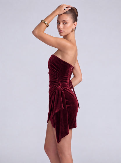 Strapless Velvet Ruched Wrap-Front Cascading Drape Mini Dress – Party & Cocktail Dress - Burgundy - View 5