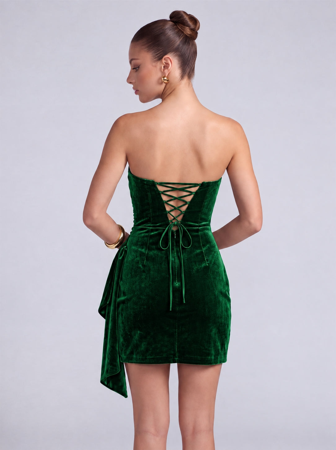 Strapless Velvet Ruched Wrap-Front Cascading Drape Mini Dress – Party & Cocktail Dress - Emerald Green - View 2