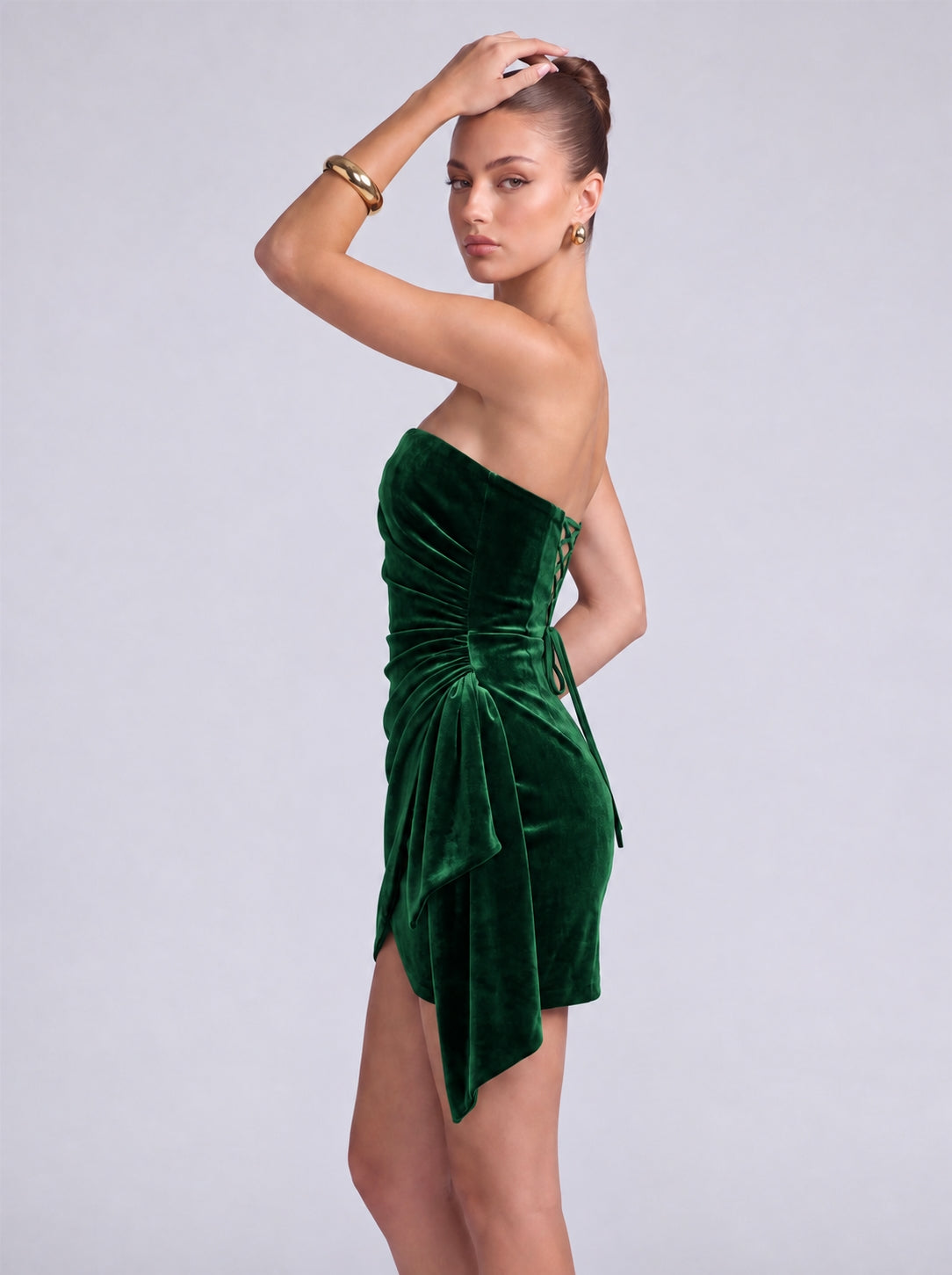 Strapless Velvet Ruched Wrap-Front Cascading Drape Mini Dress – Party & Cocktail Dress - Emerald Green - View 5