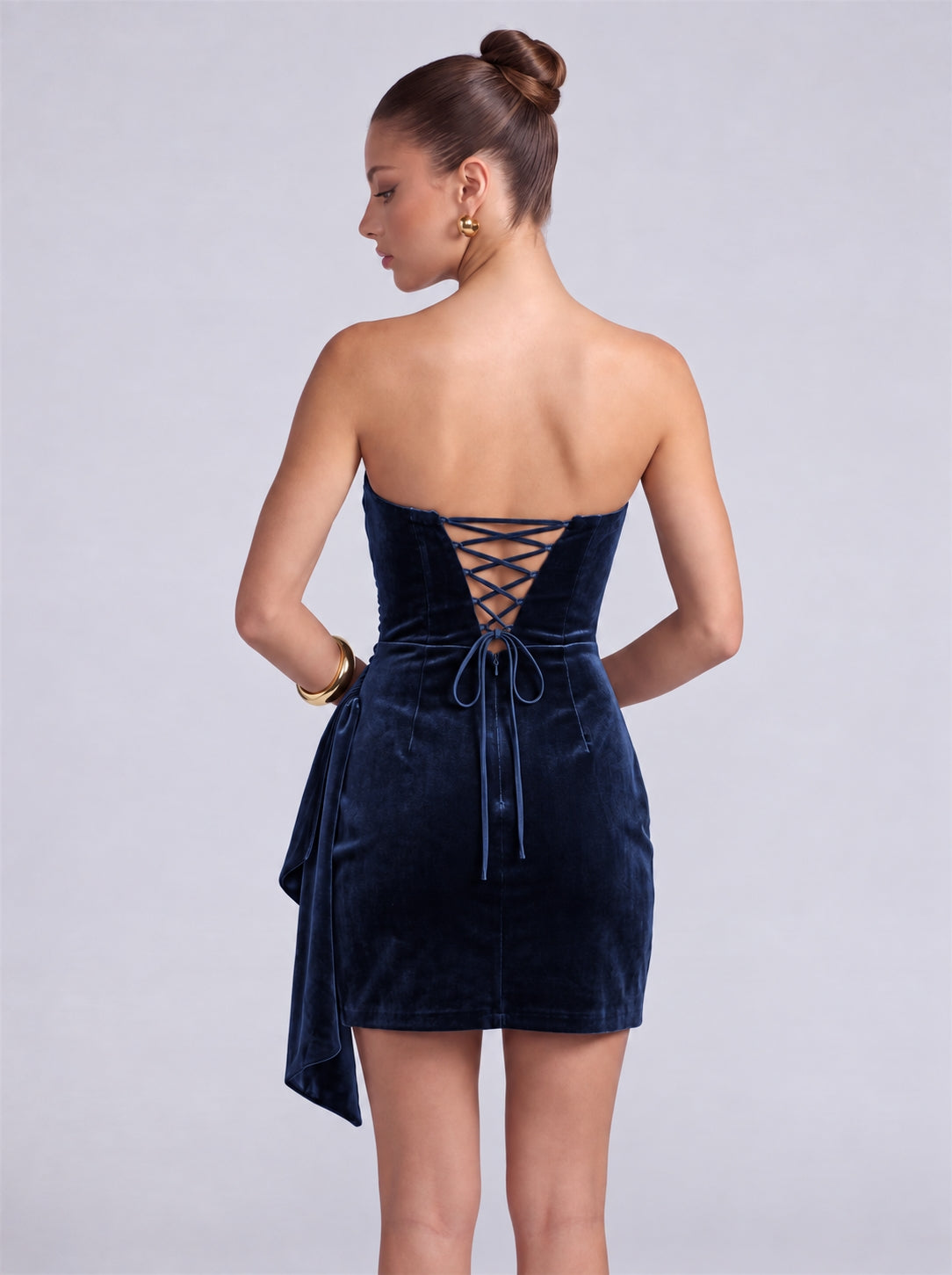 Strapless Velvet Ruched Wrap-Front Cascading Drape Mini Dress – Party & Cocktail Dress - Navy Blue - View 2