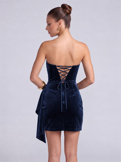 Strapless Velvet Ruched Wrap-Front Cascading Drape Mini Dress – Party & Cocktail Dress - Navy Blue - View 2