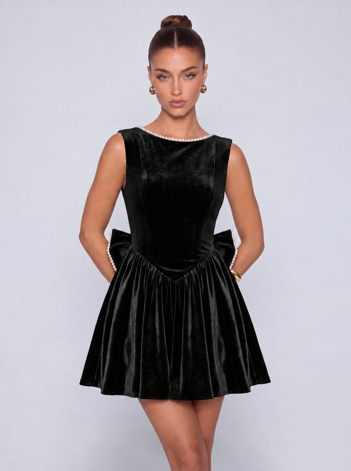 Sleeveless Velvet Pearl-Trim Lace-Up Back Bow Flared Skater Mini Dress – Party & Cocktail Dress - Black - View 1