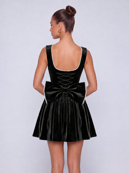Sleeveless Velvet Pearl-Trim Lace-Up Back Bow Flared Skater Mini Dress – Party & Cocktail Dress - Black - View 2