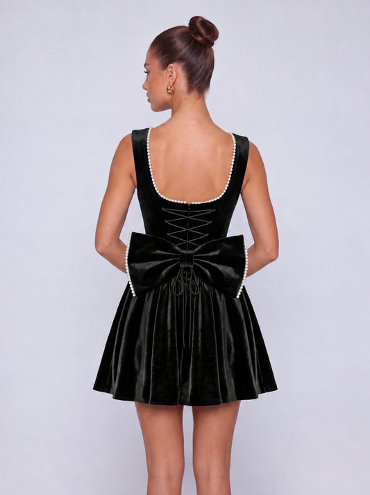 Sleeveless Velvet Pearl-Trim Lace-Up Back Bow Flared Skater Mini Dress – Party & Cocktail Dress - Black - View 2