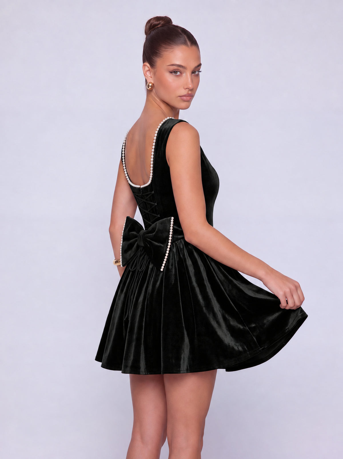 Sleeveless Velvet Pearl-Trim Lace-Up Back Bow Flared Skater Mini Dress – Party & Cocktail Dress - Black - View 4