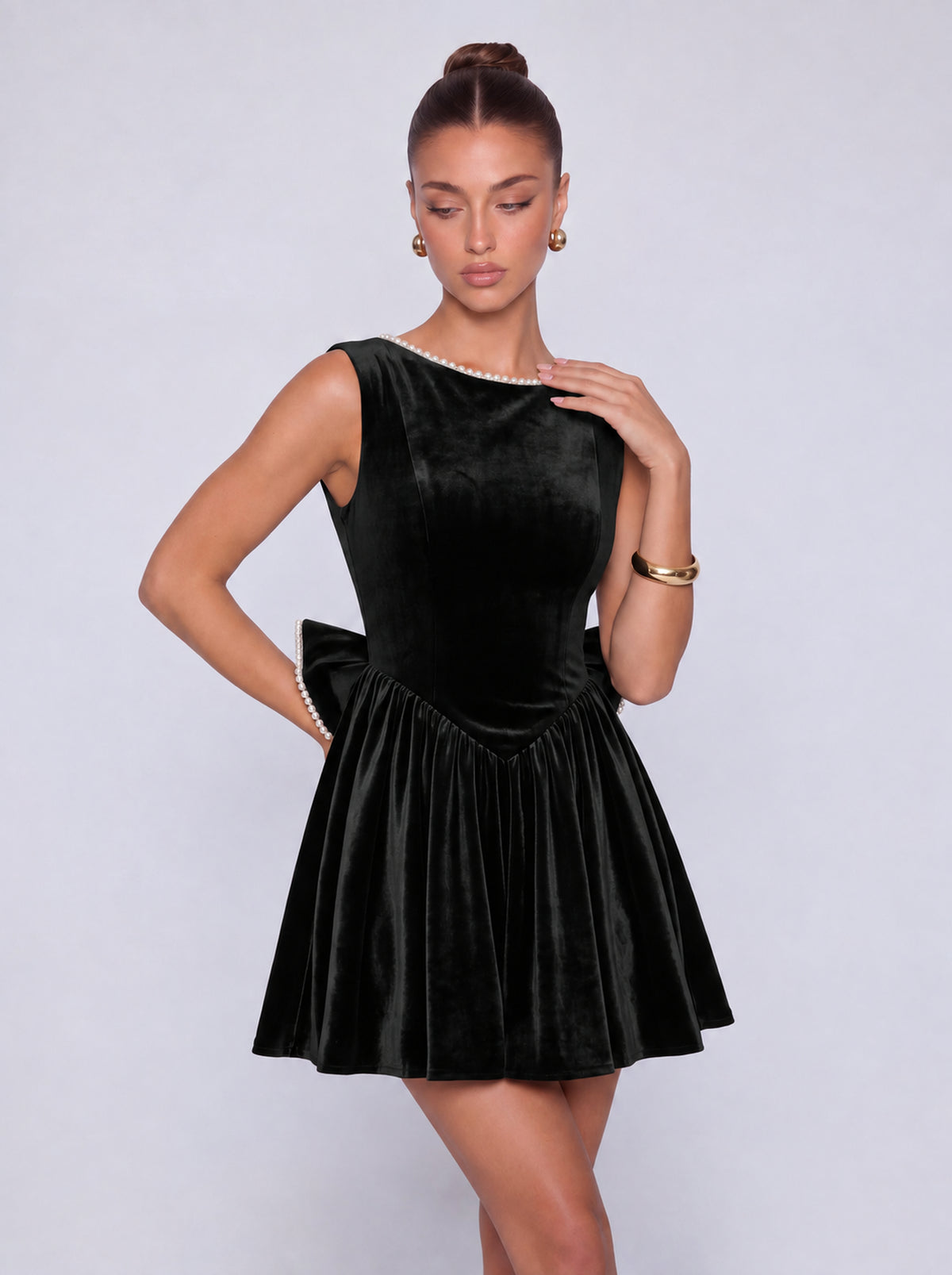 Sleeveless Velvet Pearl-Trim Lace-Up Back Bow Flared Skater Mini Dress – Party & Cocktail Dress - Black - View 5