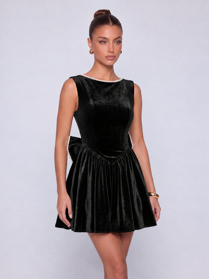 Sleeveless Velvet Pearl-Trim Lace-Up Back Bow Flared Skater Mini Dress – Party & Cocktail Dress - Black - View 7