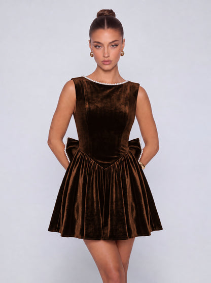 Sleeveless Velvet Pearl-Trim Lace-Up Back Bow Flared Skater Mini Dress – Party & Cocktail Dress - Brown - View 1