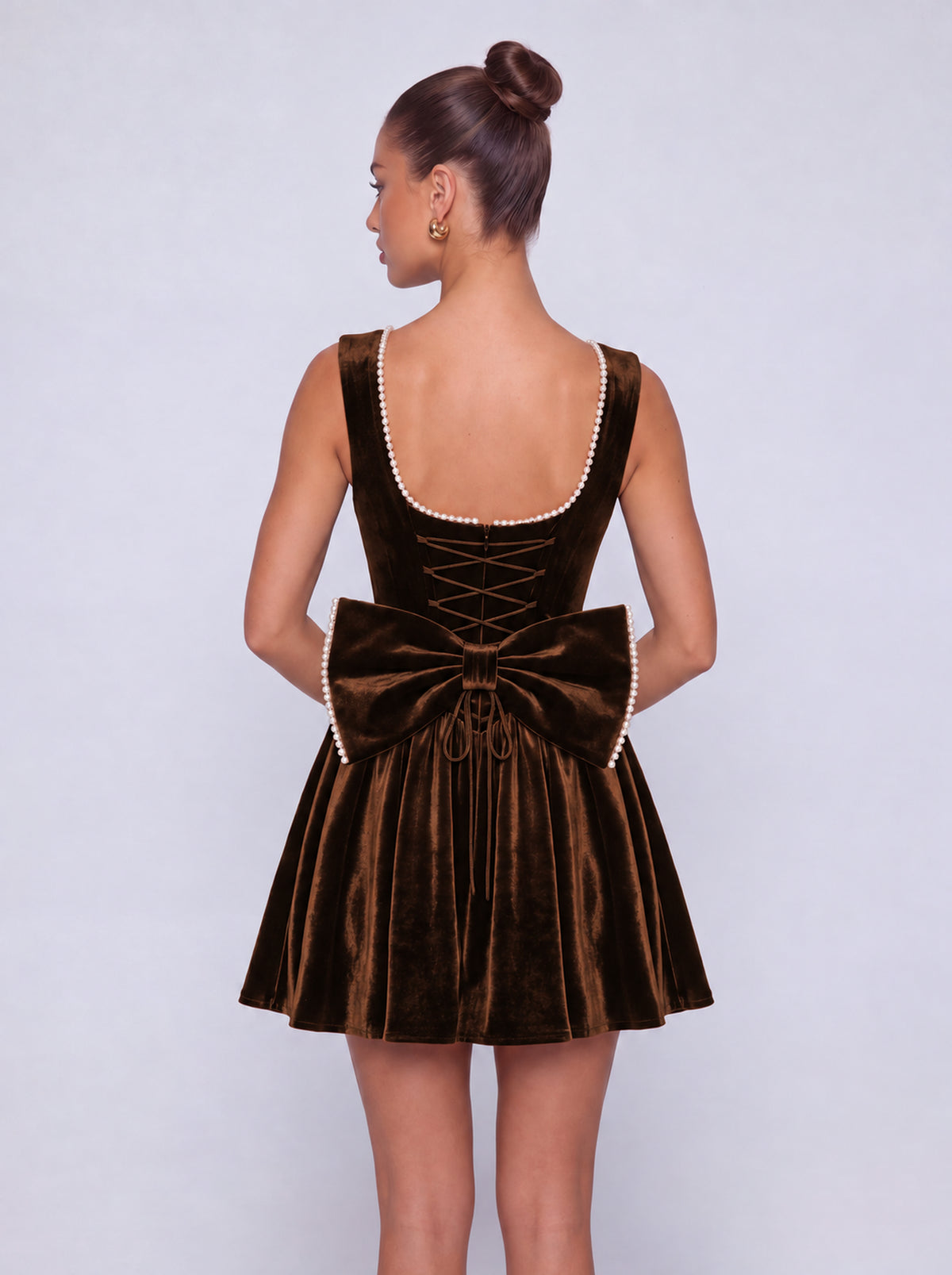 Sleeveless Velvet Pearl-Trim Lace-Up Back Bow Flared Skater Mini Dress – Party & Cocktail Dress - Brown - View 2