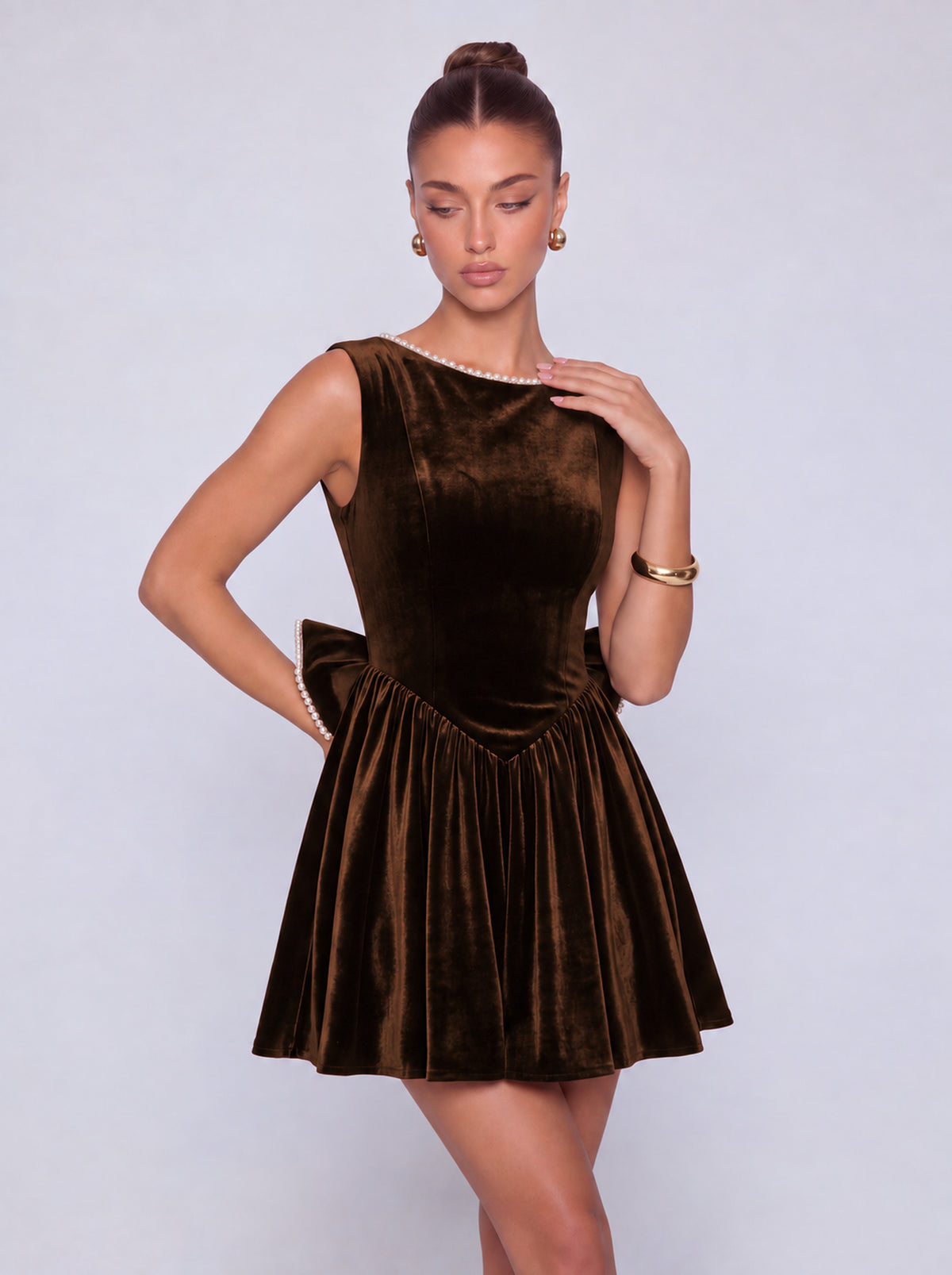Sleeveless Velvet Pearl-Trim Lace-Up Back Bow Flared Skater Mini Dress – Party & Cocktail Dress - Brown - View 5