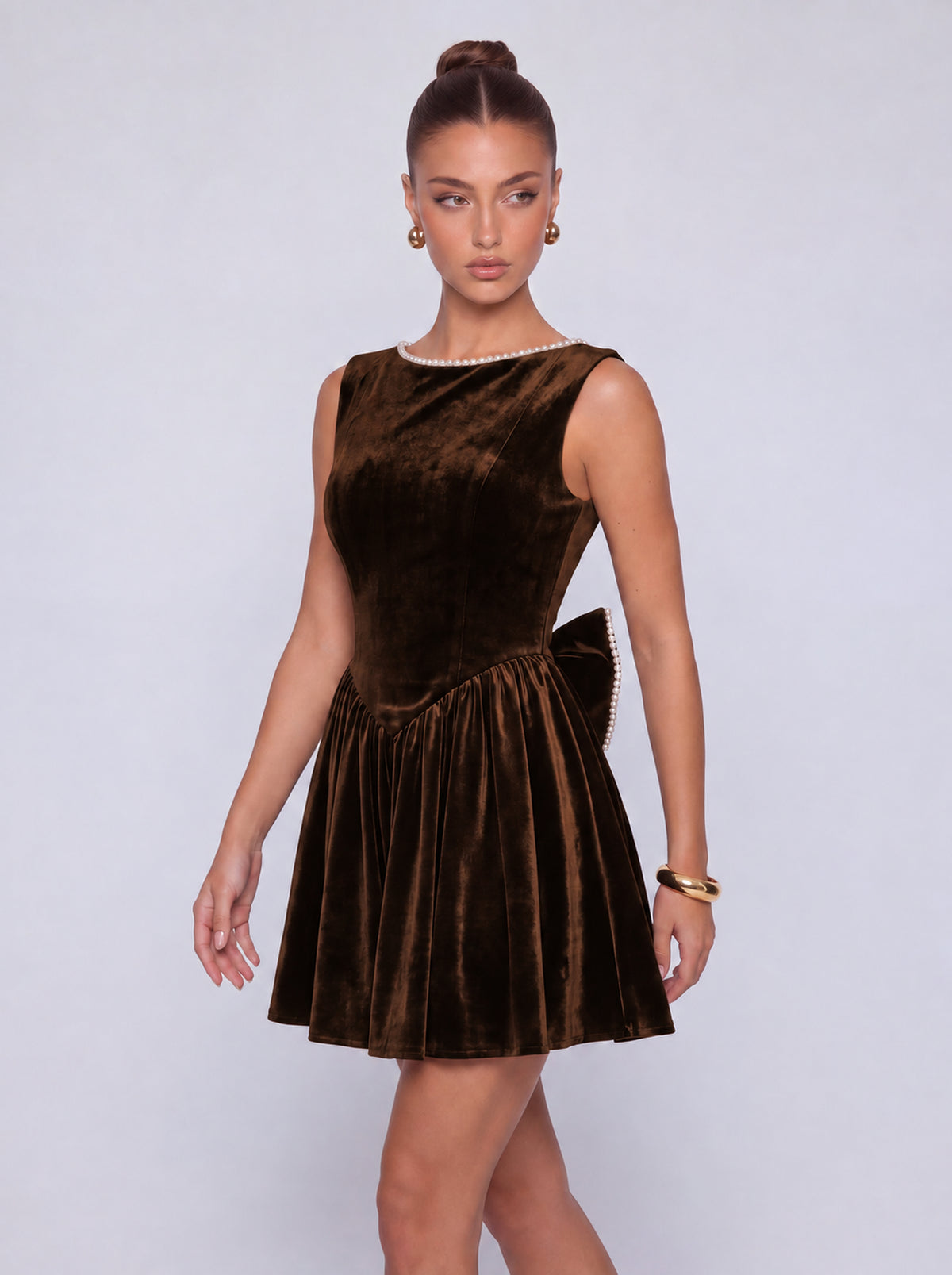 Sleeveless Velvet Pearl-Trim Lace-Up Back Bow Flared Skater Mini Dress – Party & Cocktail Dress - Brown - View 6